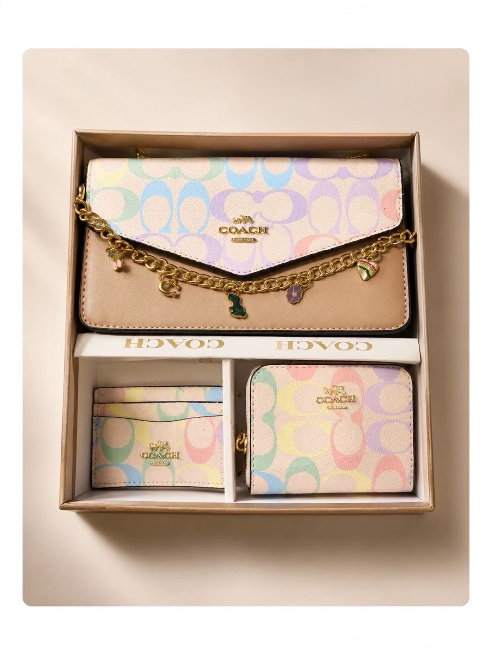 Coach Pastel Signature Convertible Chain Wallet Set - Multicolor NEW